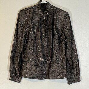 Joan Devin 100% Thai Silk Tie Neck Button Front Blouse Paisley Size 10 Vintage‎